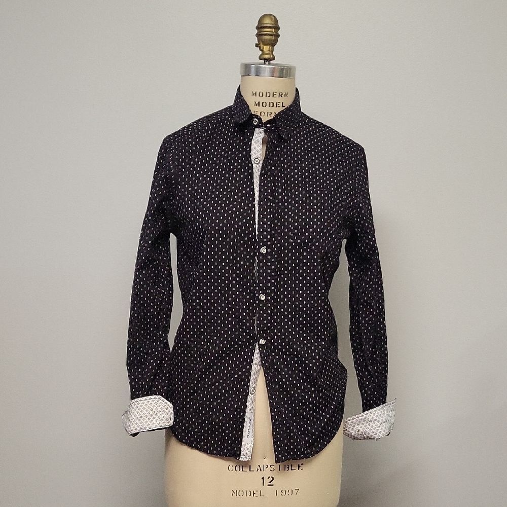 Craft + Flow Men's Black Patterned Shirt With Contrasting Cuffs And Placket. S